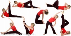 Woman performing various yoga poses in red.