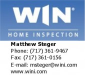 WIN Home Inspection contact information card.