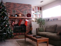Cozy living room with Christmas decorations.