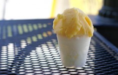 Yellow ice cream in a white cup.