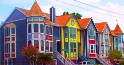 Colorful row of uniquely designed houses.