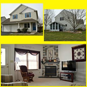 House exterior and cozy living room interior.