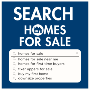 A blue sign with the words search homes for sale